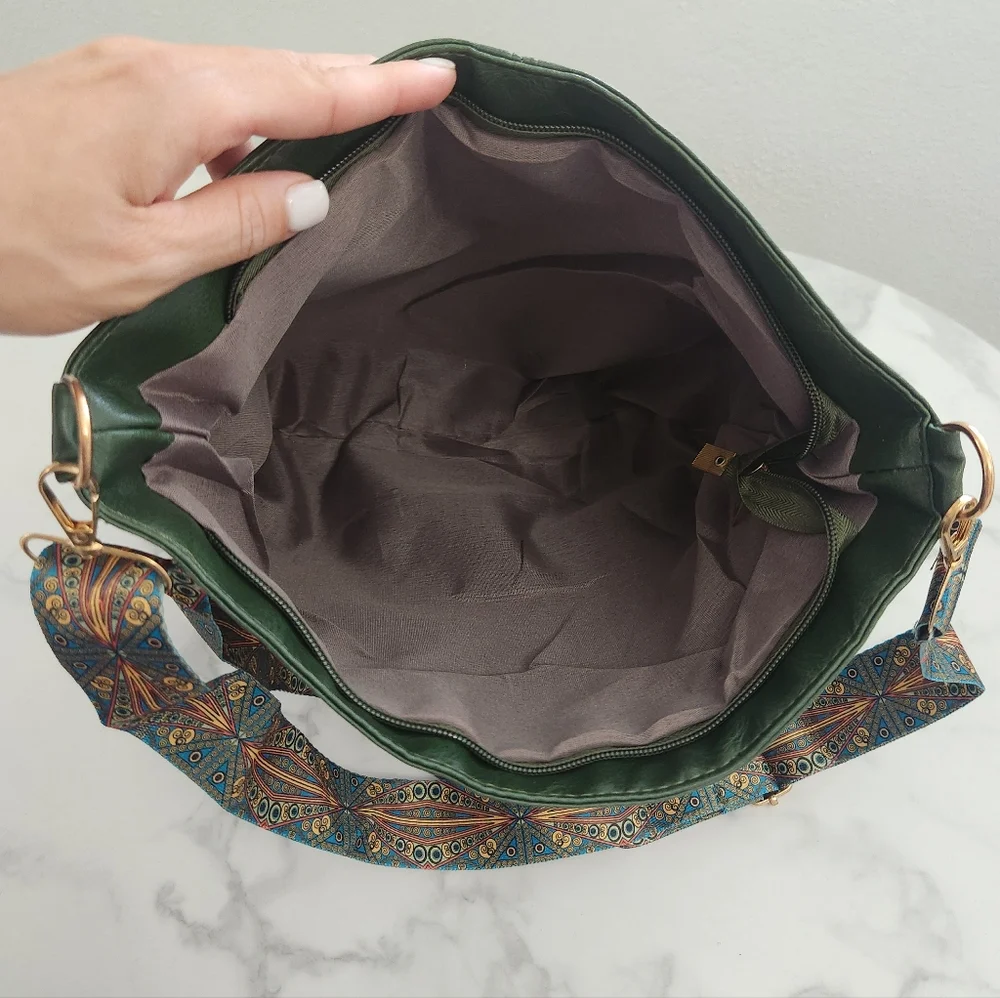 Unisex Army Green Tote Bag with Patterned Boho Strap - Picture 11 of 16